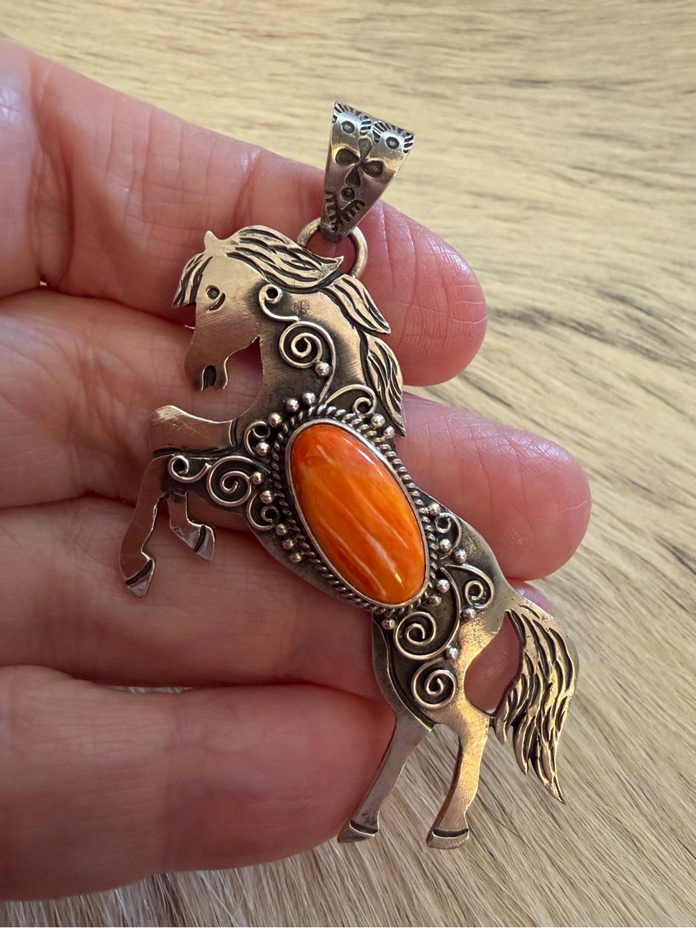 ❤️ Orange Spiny Oyster 925 Hand Stamped Statement Rearing Horse Pendant 2.46”L